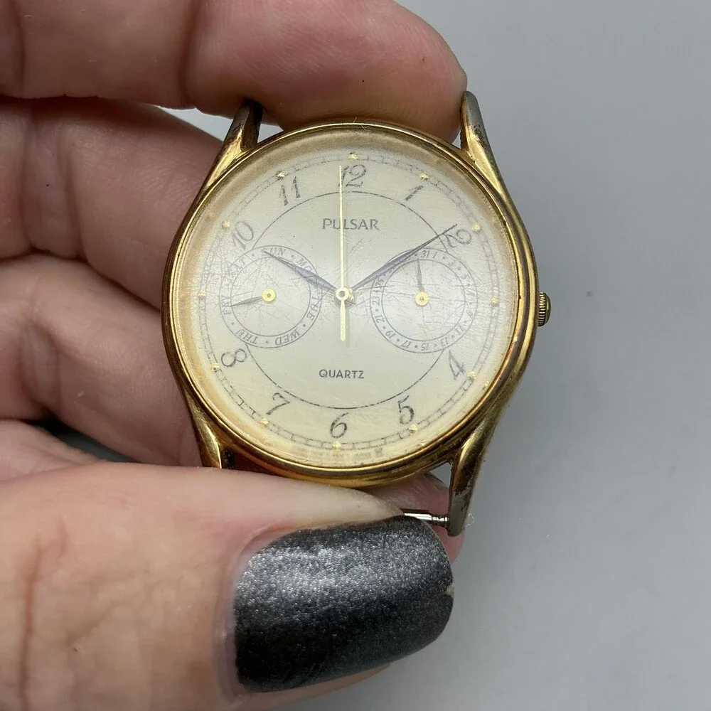 Pulsar Mens Watch 32mm Cream Dial Gold Tone Day Date V336-7000 For Parts